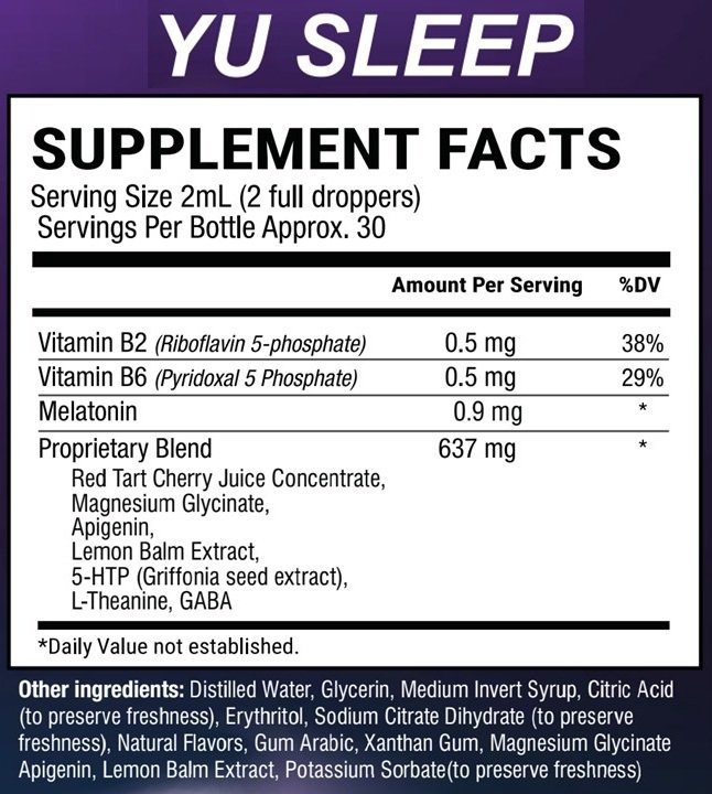 Yu Sleep supplement facts label showing ingredients and serving size